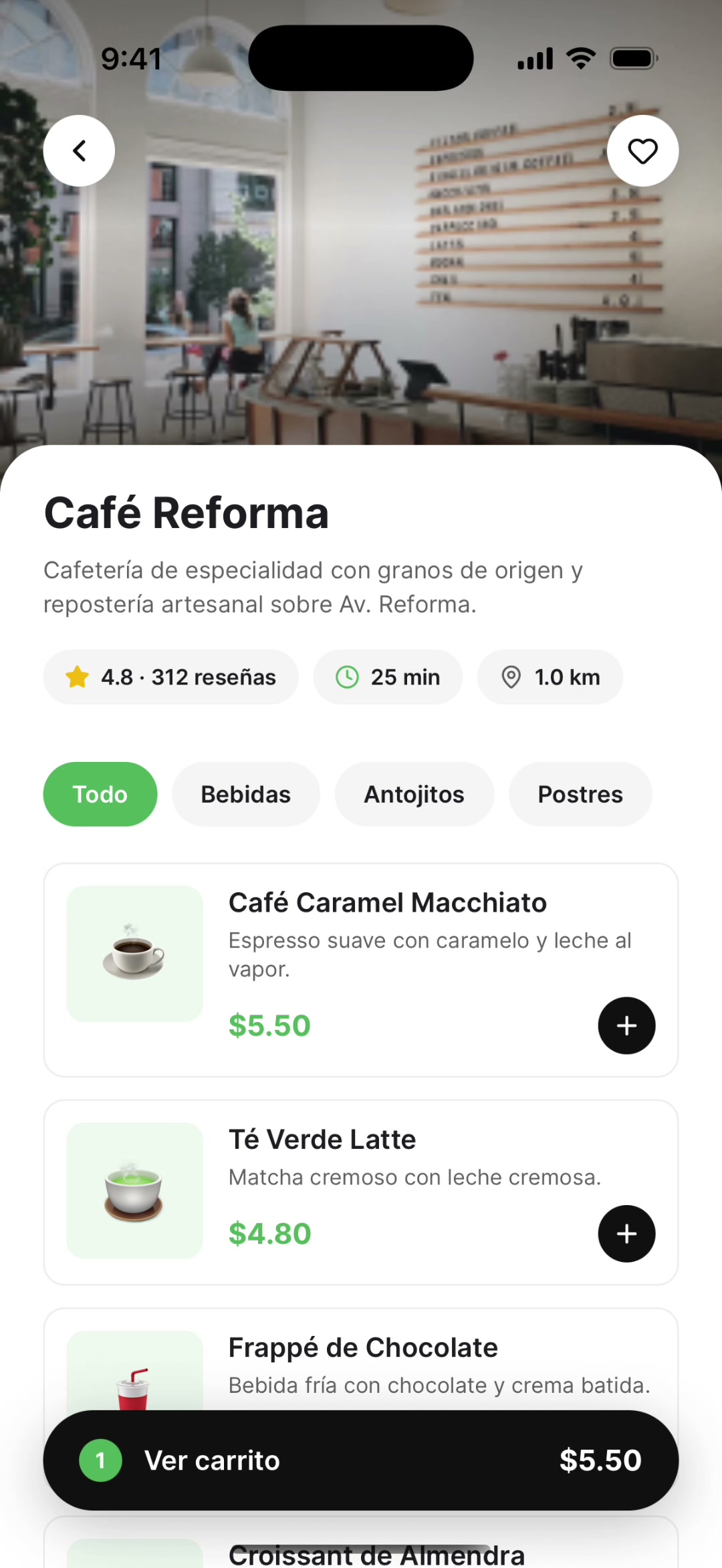 App del cliente: menú de un negocio con productos, precios y botón para ver el carrito